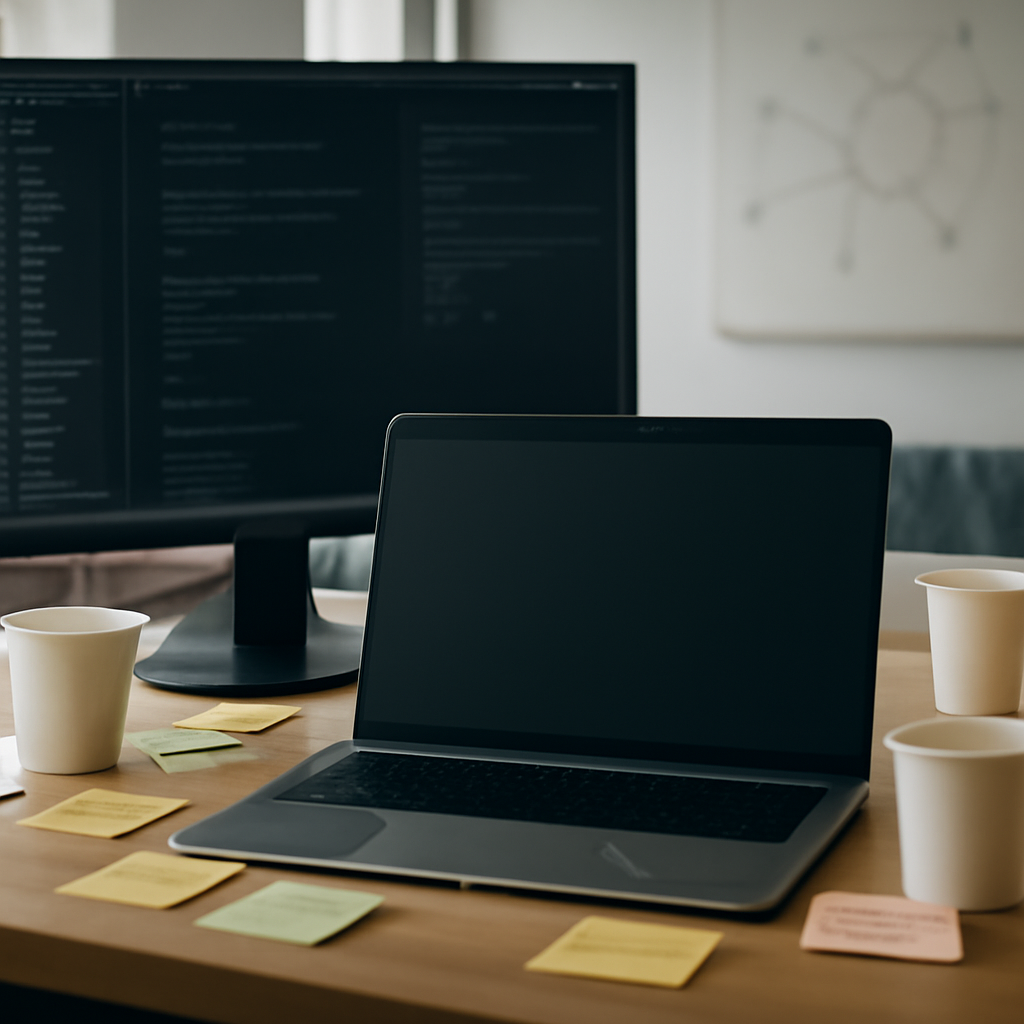 Developer workstation with laptop, monitor, and notes, surrounded by empty coffee cups in a brightly lit room.