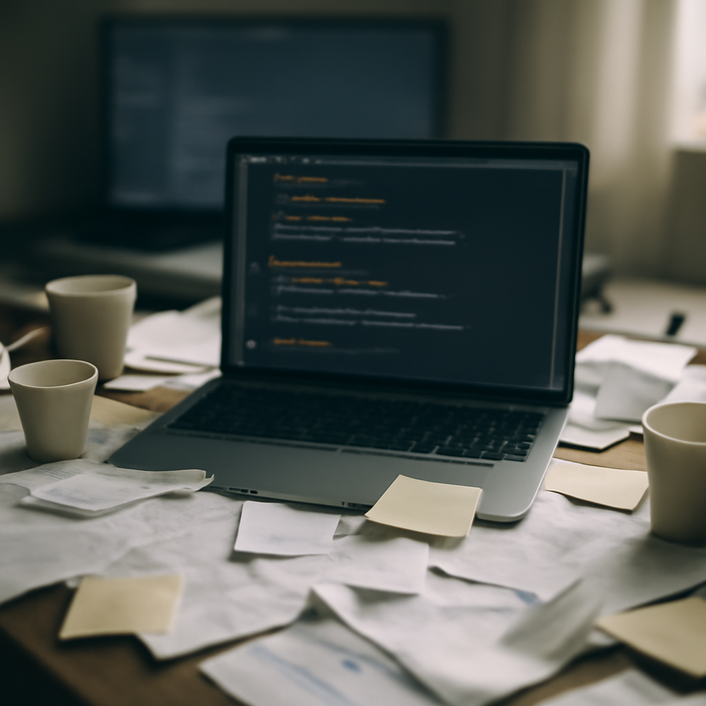 Cluttered developer workspace with laptop, papers, and coffee cups.