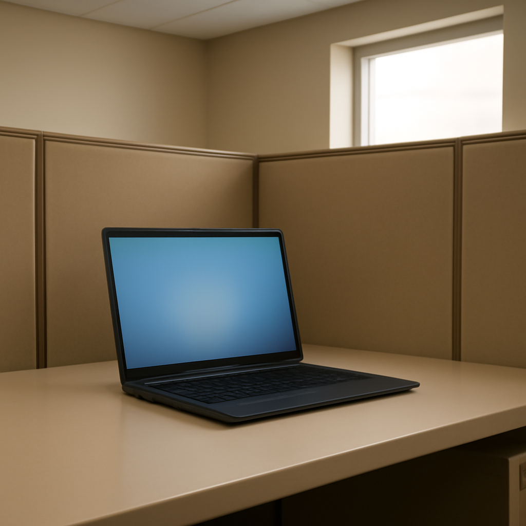 Laptop on a beige office desk with a blurred screen in a cubicle near a window.