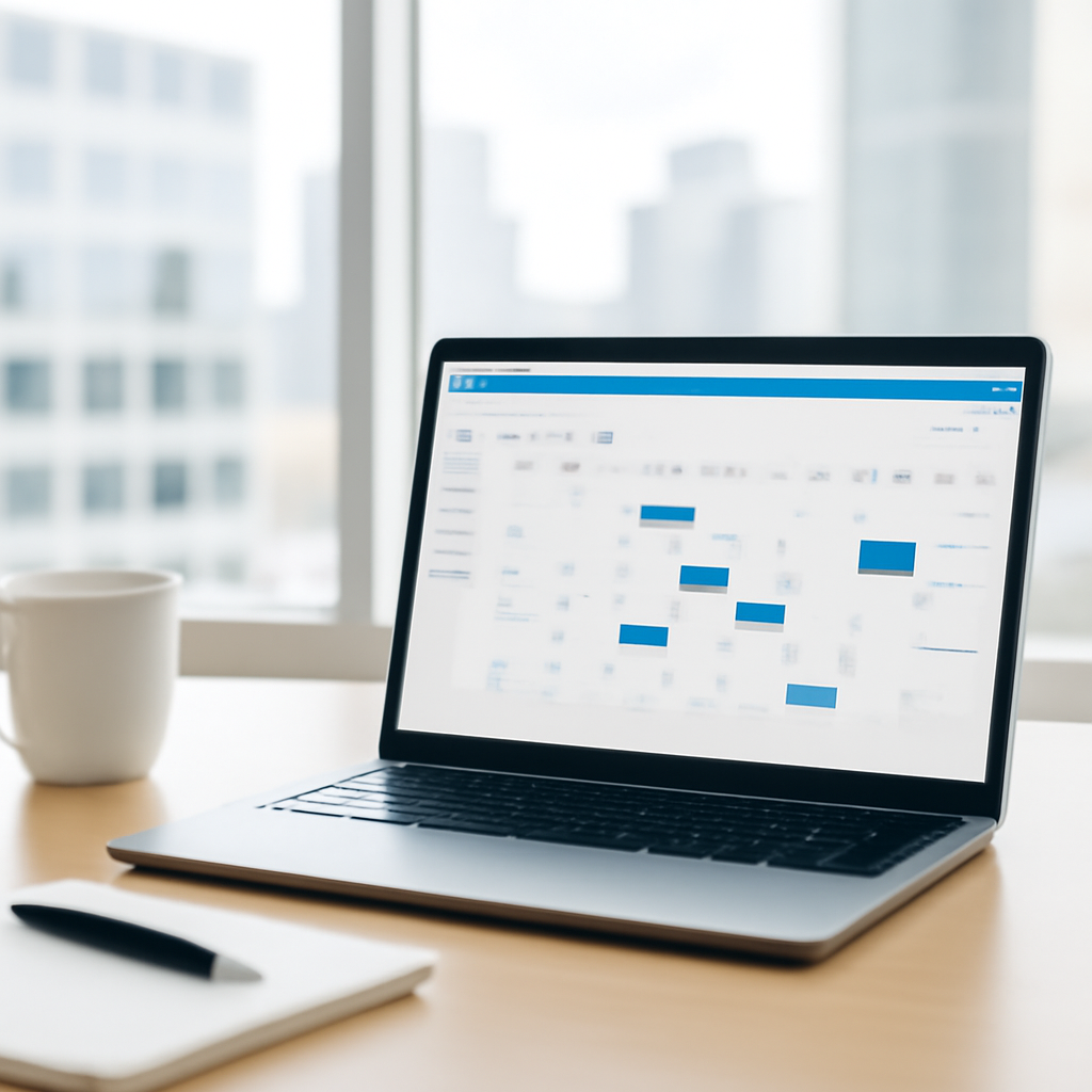 Laptop on office desk shows Microsoft 365 calendar with blurred cityscape in background.