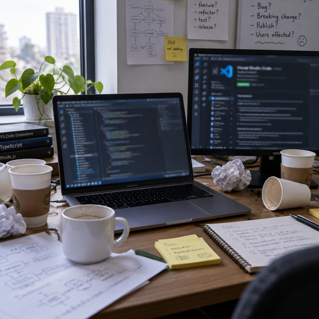 Cluttered developer workspace with laptop and monitor, surrounded by coffee cups and notes near a window.