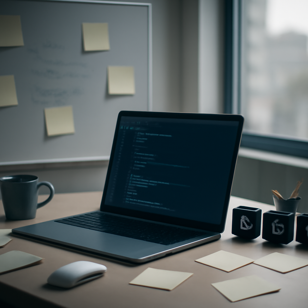 Software development workspace with laptop, tools, and notes, set against a blurred cityscape with natural light.