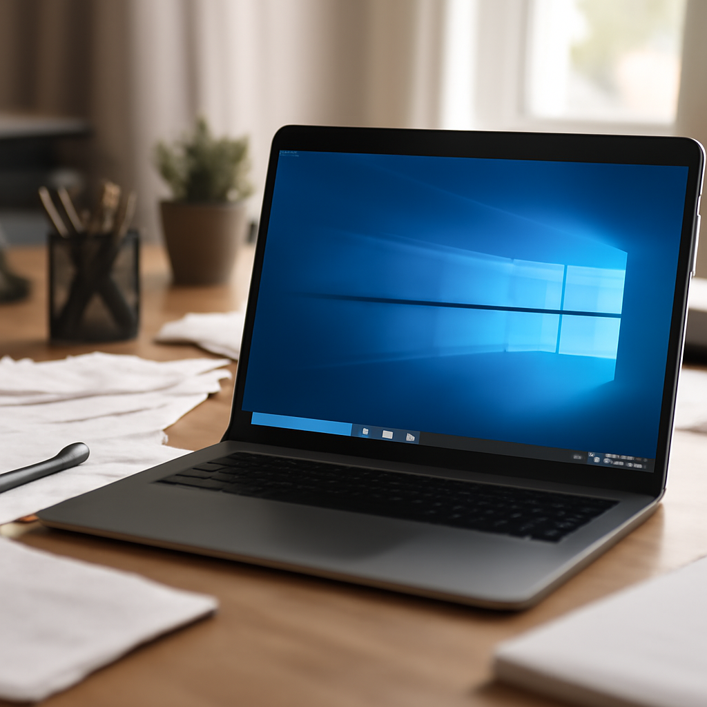 Cluttered office desk with a Windows computer workstation near a window.