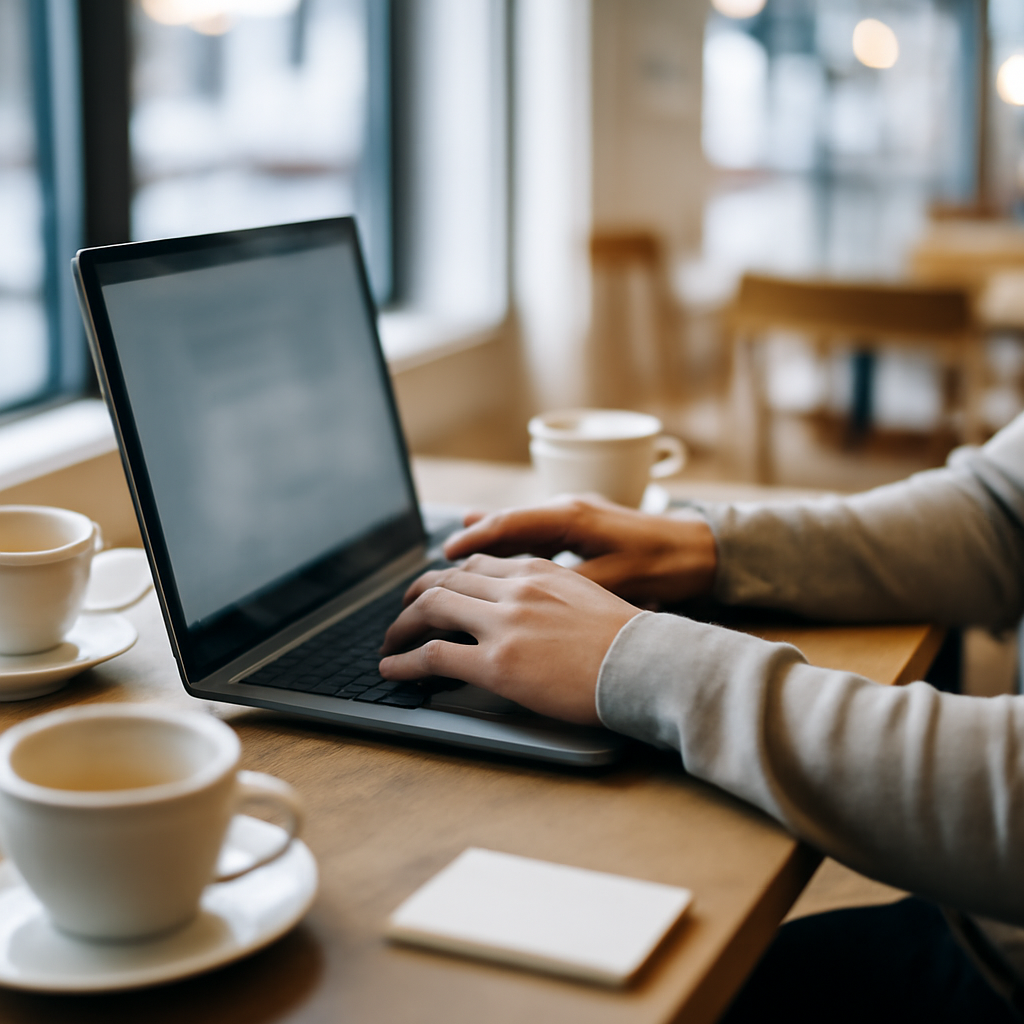 Person working on laptop in brightly lit coffee shop with blurred screen.