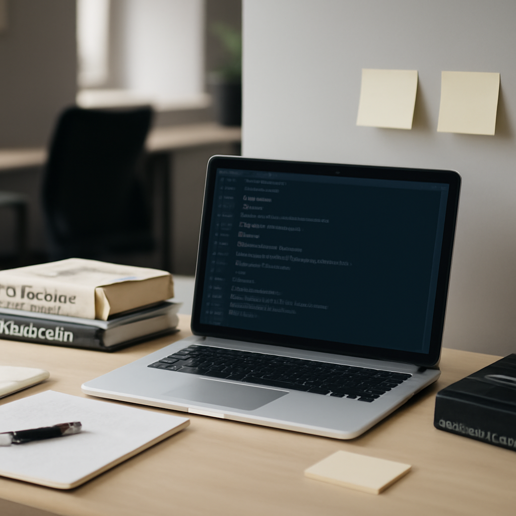 A coding workstation with a laptop, programming books, and notes on a quiet office desk.