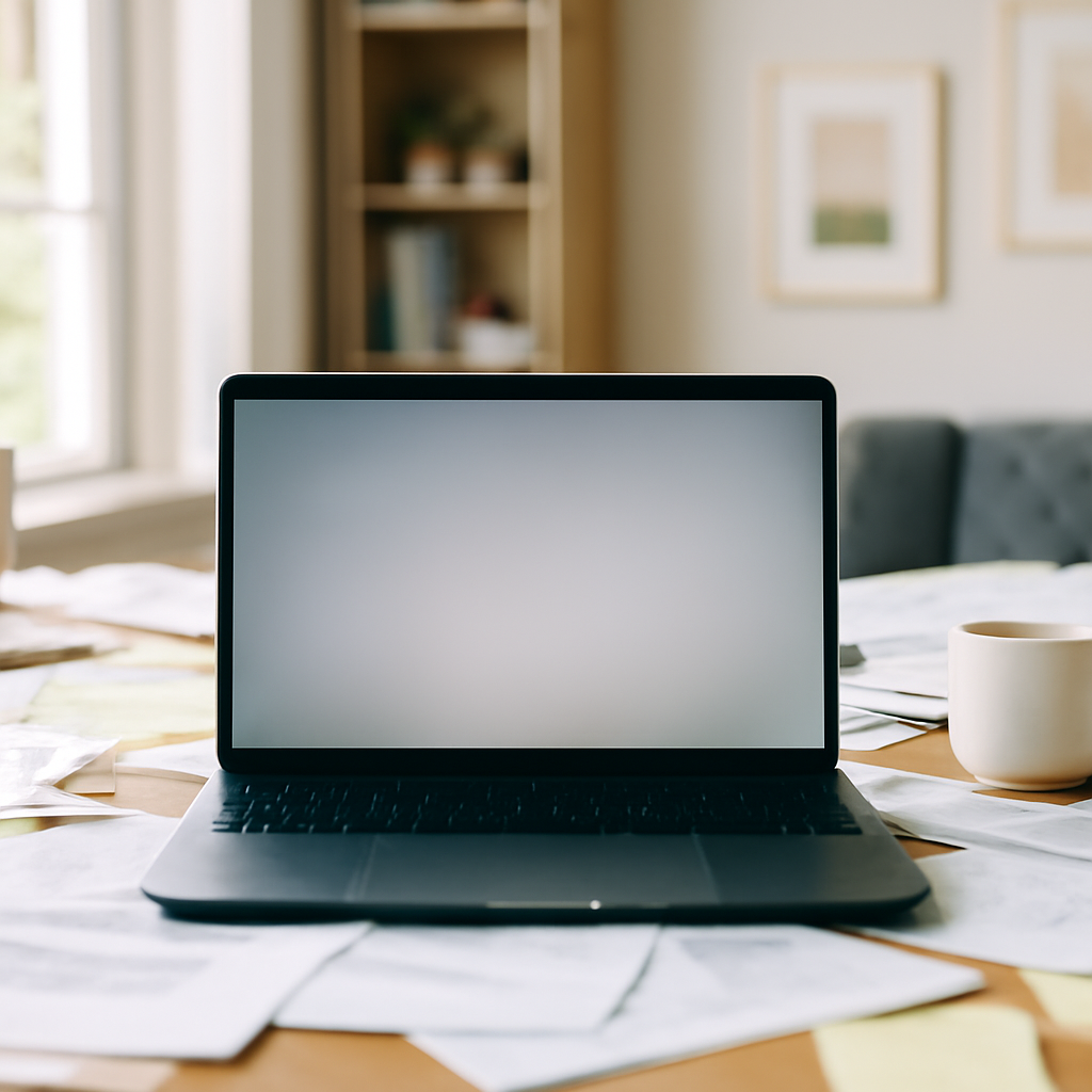 Cluttered home office workspace with laptop and scattered papers.