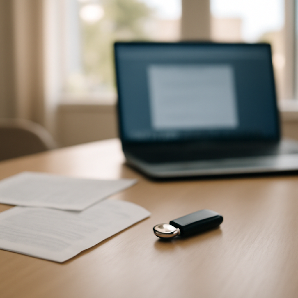 A cluttered home office workspace with a USB drive on the desk and a laptop in the background.