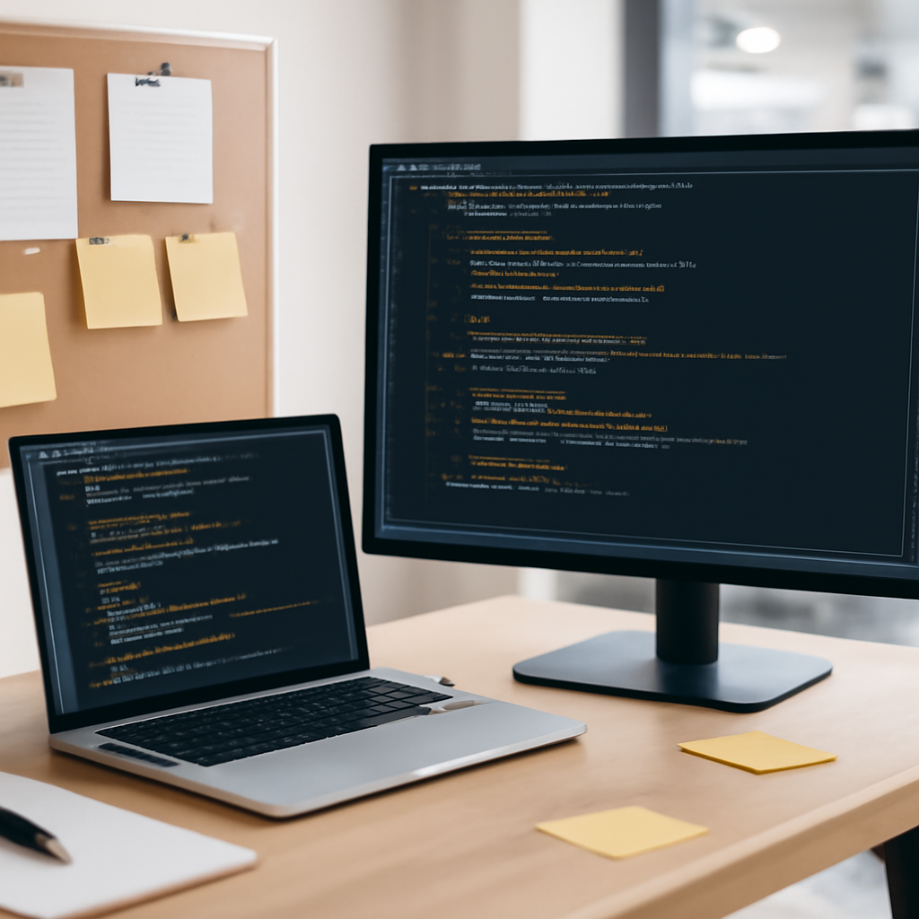 Developer workstation with laptop and monitor displaying code, surrounded by notes and sticky notes in a modern office…