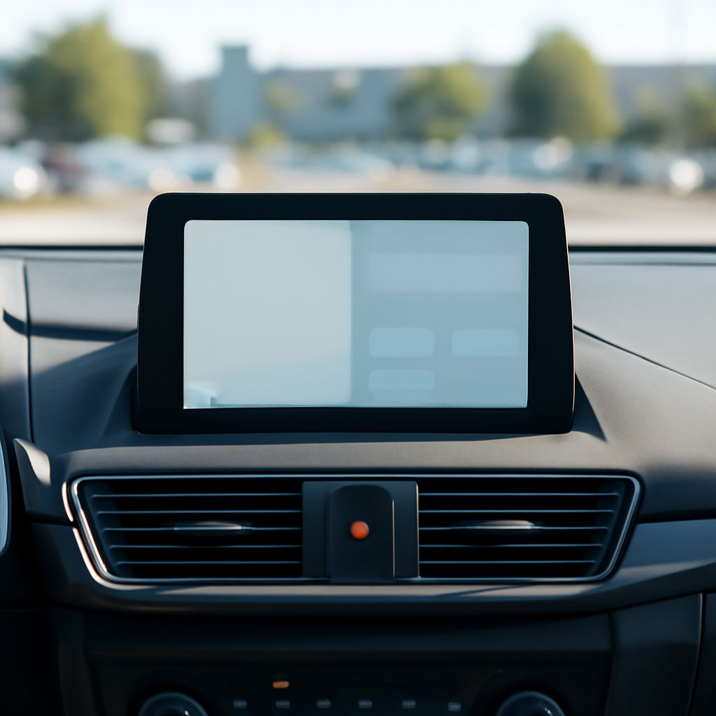 Car interior with infotainment system screen displaying a blank interface.