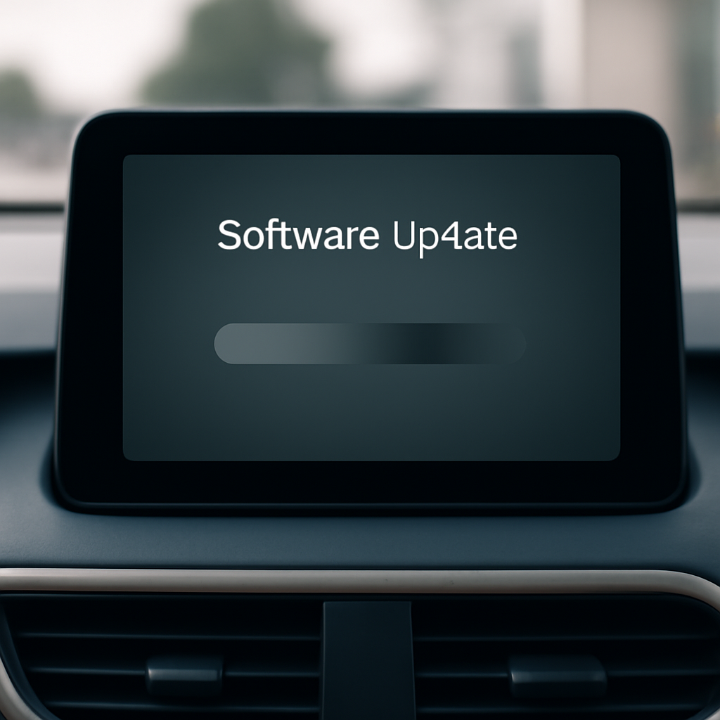 In-vehicle infotainment system screen displaying a software update interface on a muted-colored car dashboard.