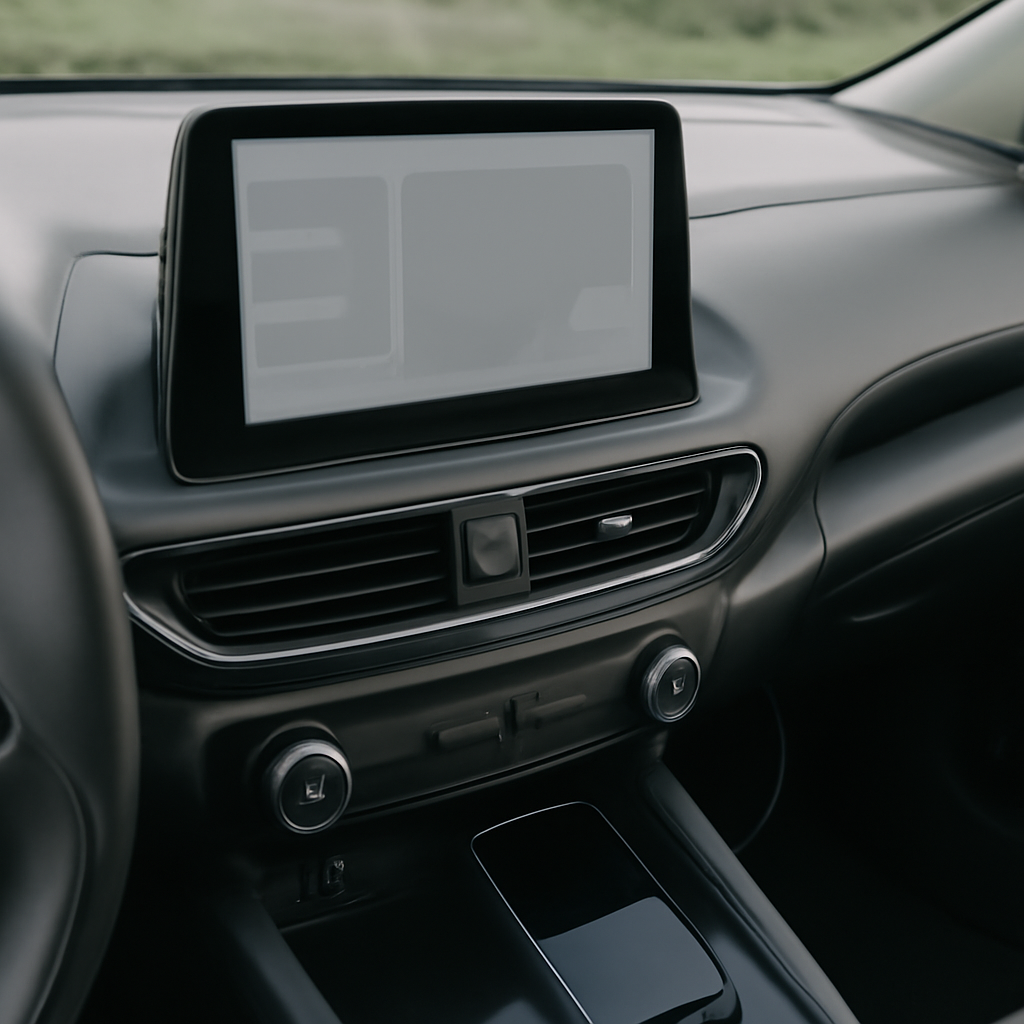 Car interior with head unit screen displaying a blank interface, dashboard, center console, and plugged-in smartphone…