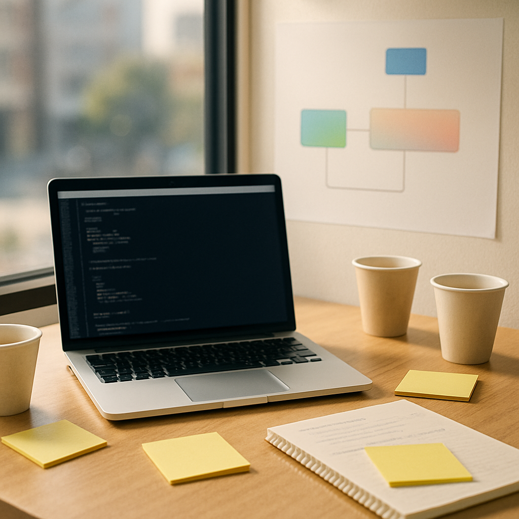 Developer workstation with laptop and terminal, surrounded by notes and coffee cups, with a blurred cityscape in the…