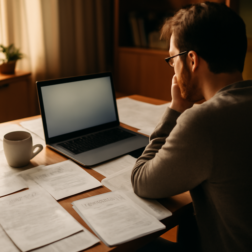 Person working in home office with laptop, papers, and coffee, surrounded by research notes.