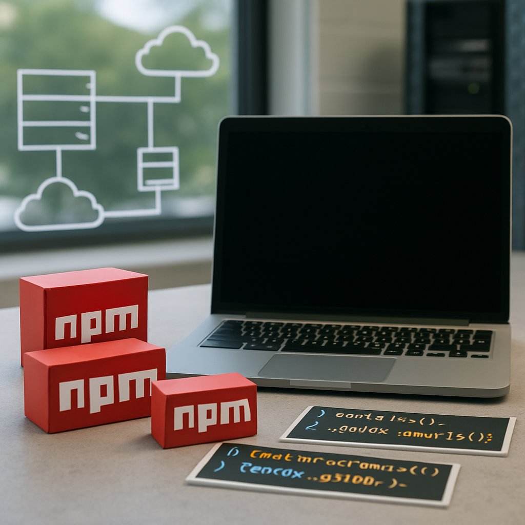 Laptop with blank screen surrounded by npm packages and JavaScript code in a brightly-lit software development environment.