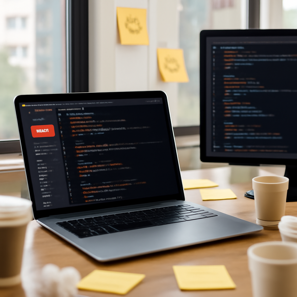 Developer workstation with laptop, coding environment, notes, and coffee cups, with daylight and cityscape in background.