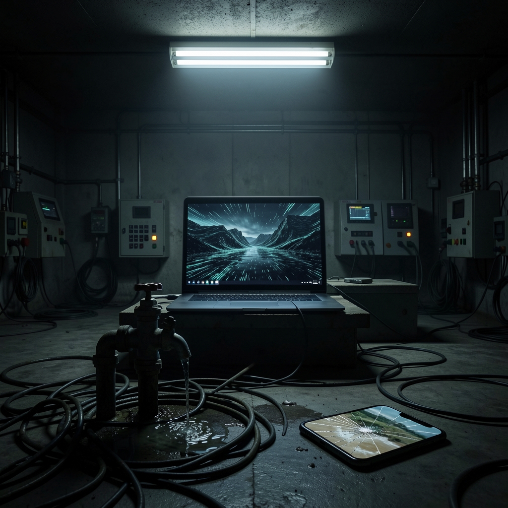 Dimly lit control room with flickering light, laptop screen showing distorted digital landscape, and broken water pipe with…