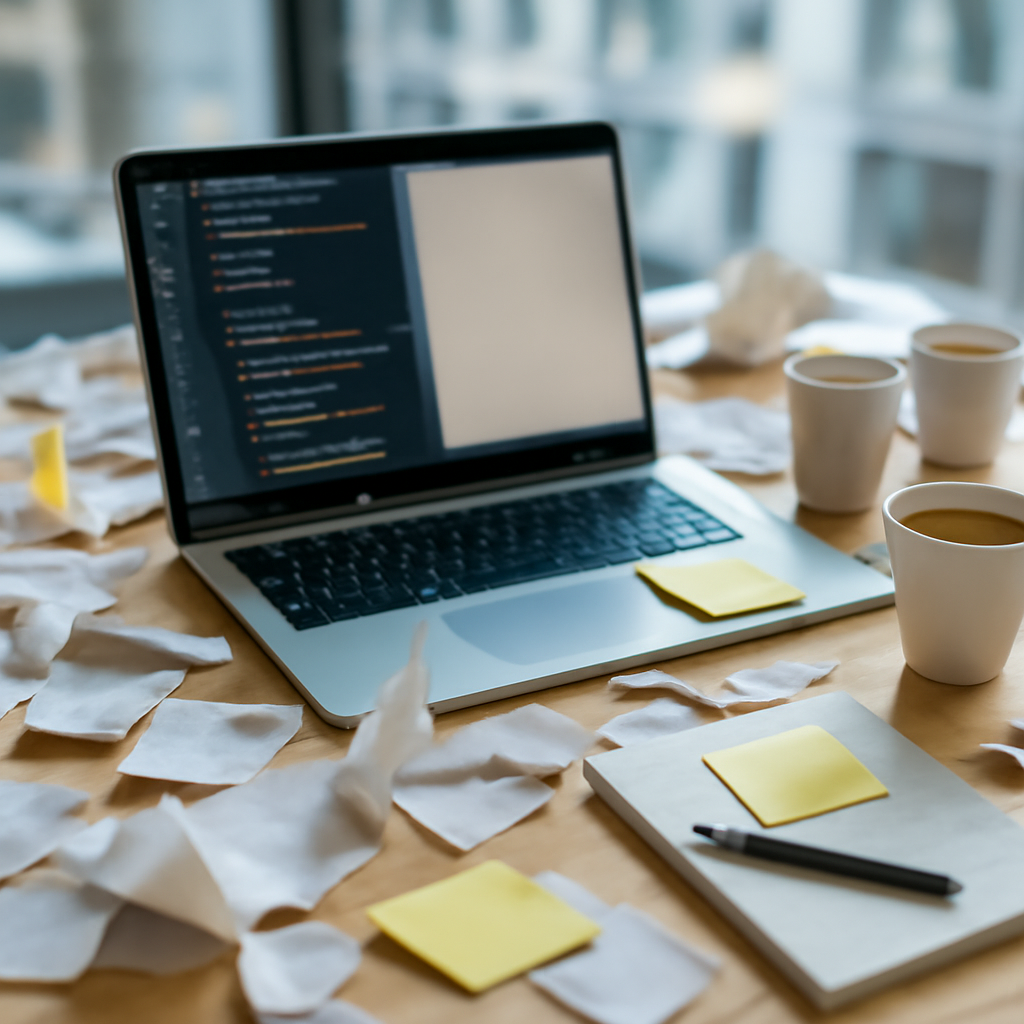 Cluttered software development workspace with laptop and coding tools.
