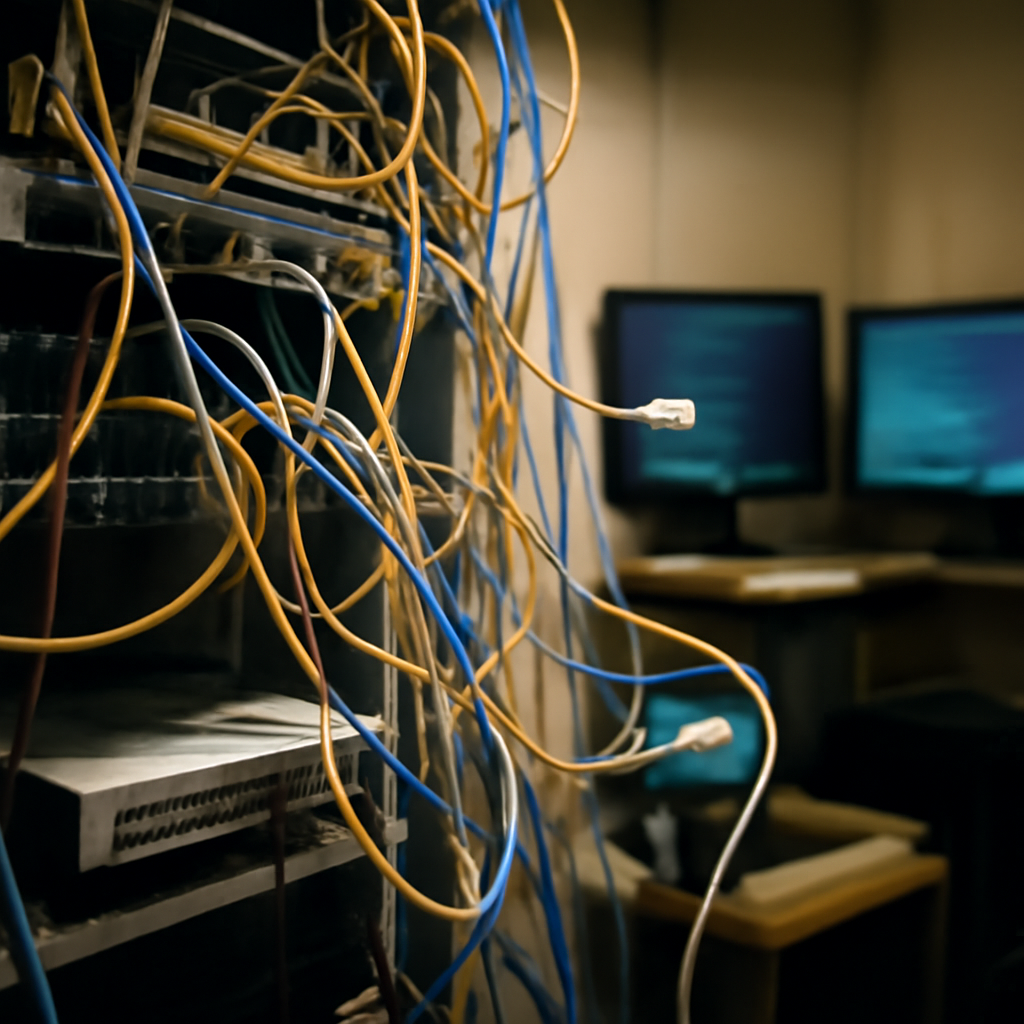 Dimly lit network closet with disarrayed cables and equipment.