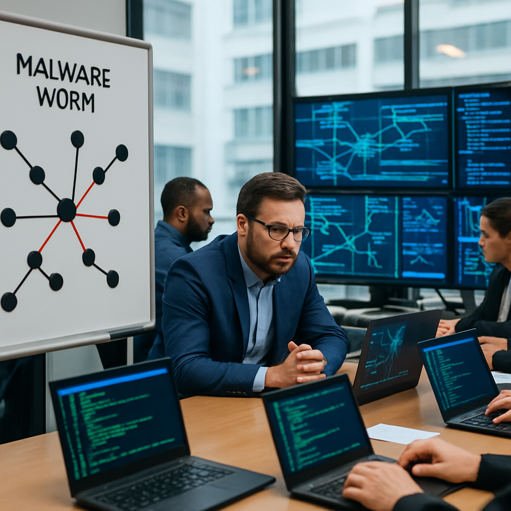 Security analysts respond to a cyber threat in a brightly-lit operations center with laptops and screens displaying code…