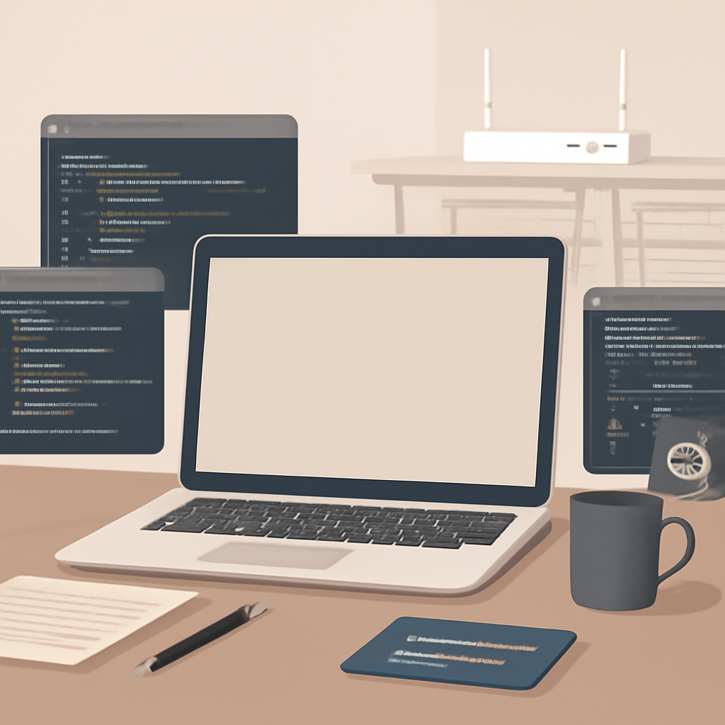 Brightly-lit coding workspace with laptop and development tools, subtle network infrastructure in background.