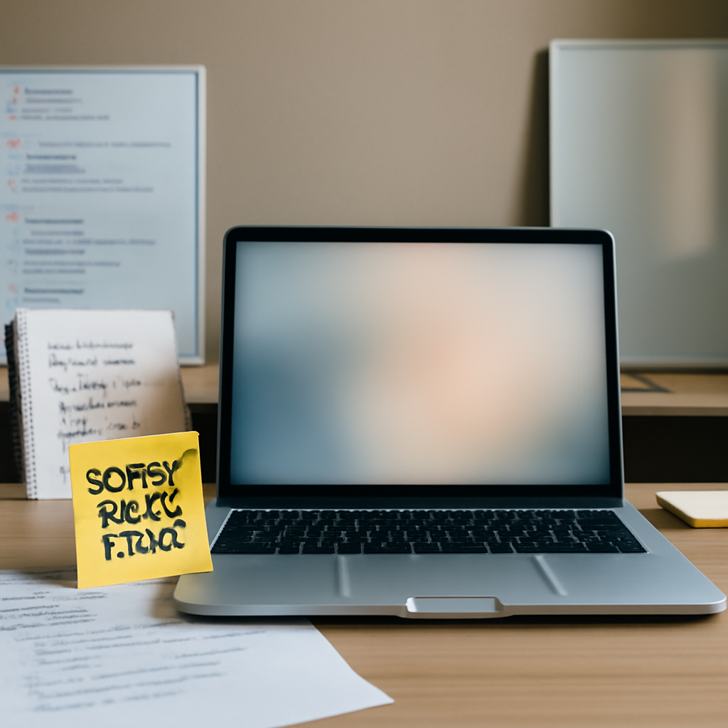 A cluttered tech workspace with a laptop and coding materials in a neutral-colored room.
