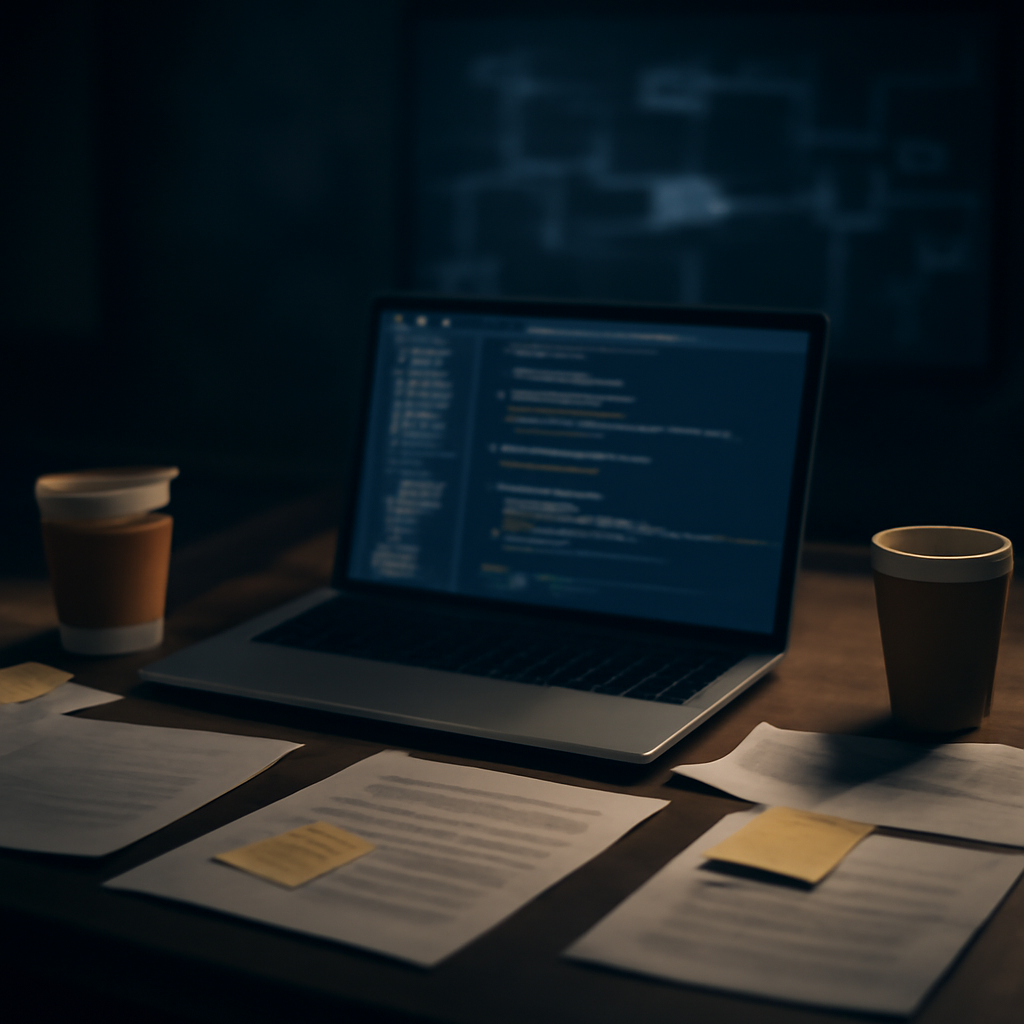 Dimly lit software development workspace with laptop, notes, and coffee cups.