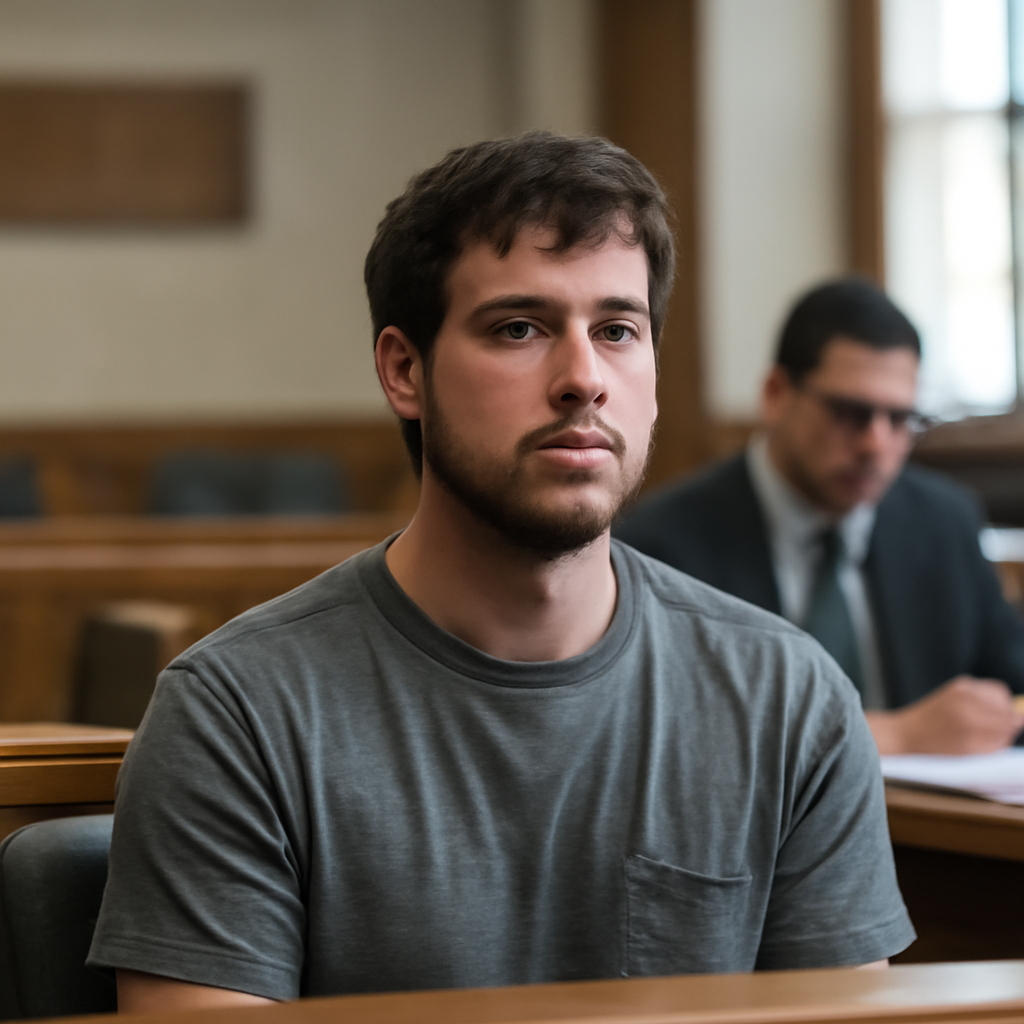 Joshua Culver sits in a courtroom with a neutral expression, wearing casual clothes, with a public defender partially…