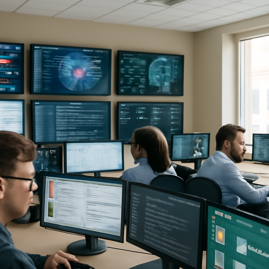 Security analysts work at computer stations in a bright, daytime operations center surrounded by multiple screens…