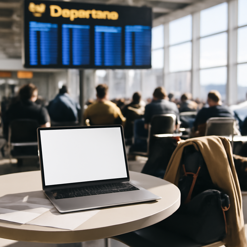 Modern airport terminal lounge with laptop and papers on a table.