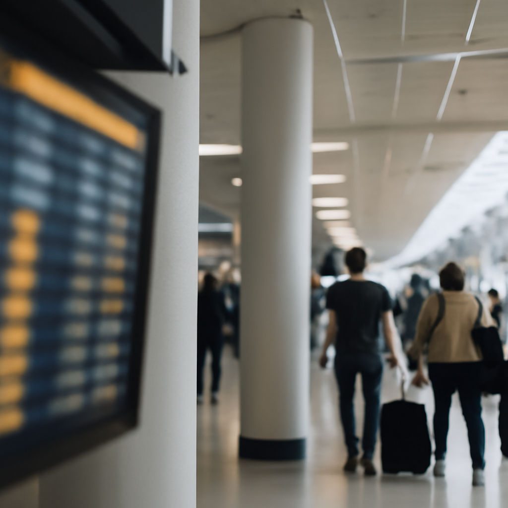 Bustling airport terminal with travelers and blurred departure board.