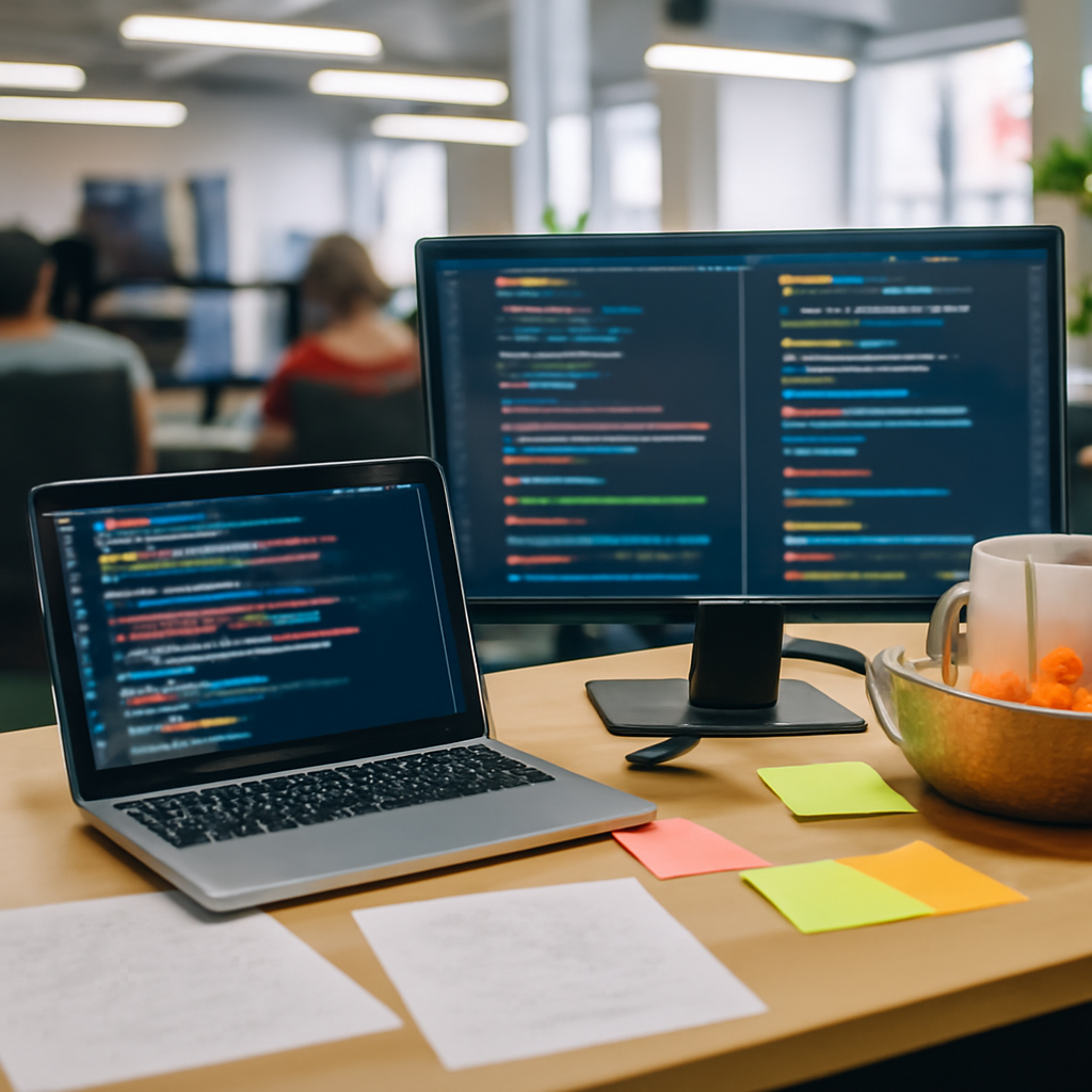 Developer workstation with laptop and monitor displaying code in a busy office setting.