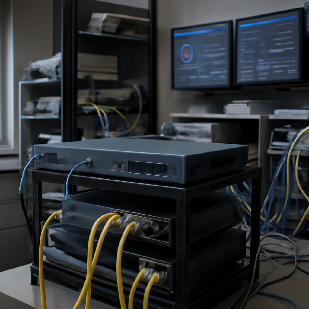 Network equipment and monitoring systems surround a central router in a typical operations room setting.