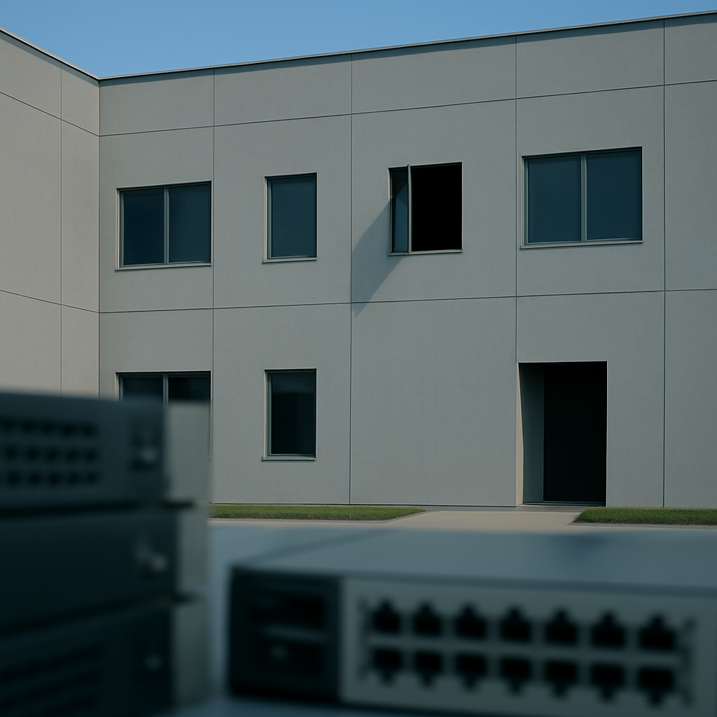 Modern office building exterior with slightly ajar door under clear blue sky.