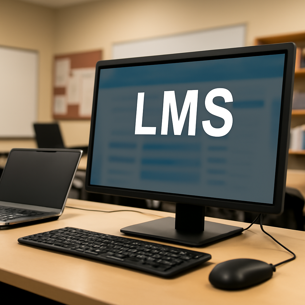 A computer workstation with a laptop and large monitor sits in a university computer lab or corporate training room.