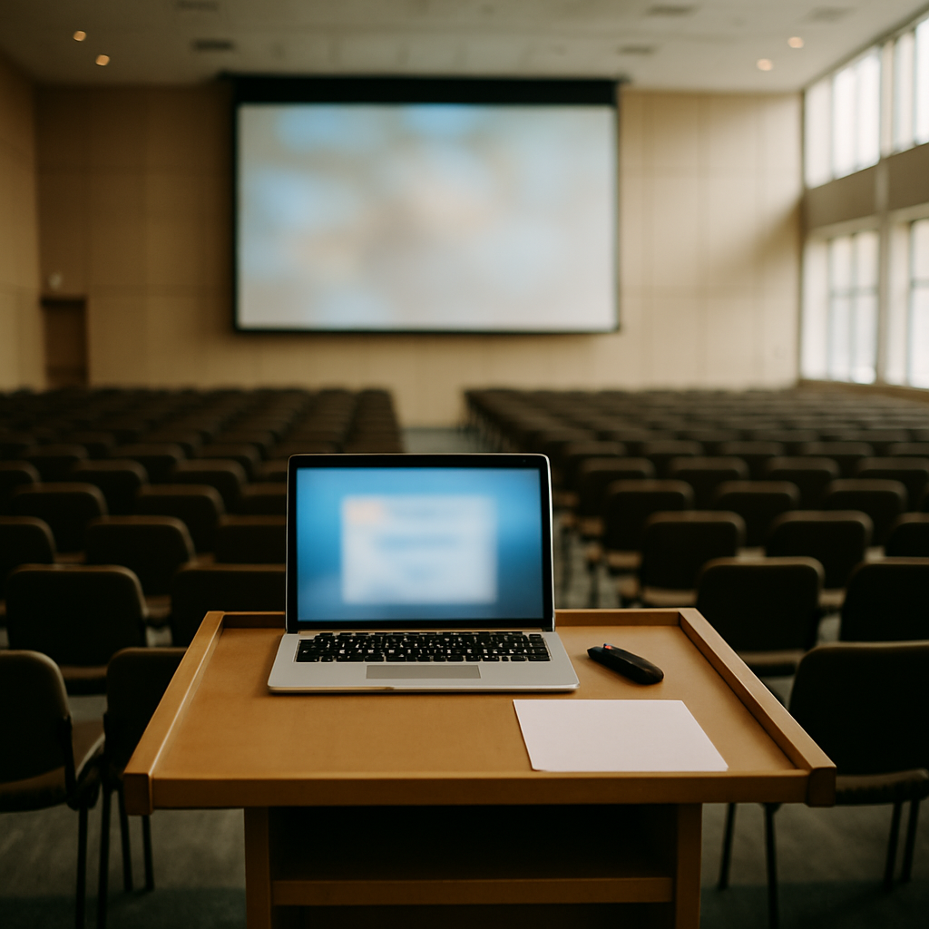 Empty conference hall with podium and blurred laptop screen.