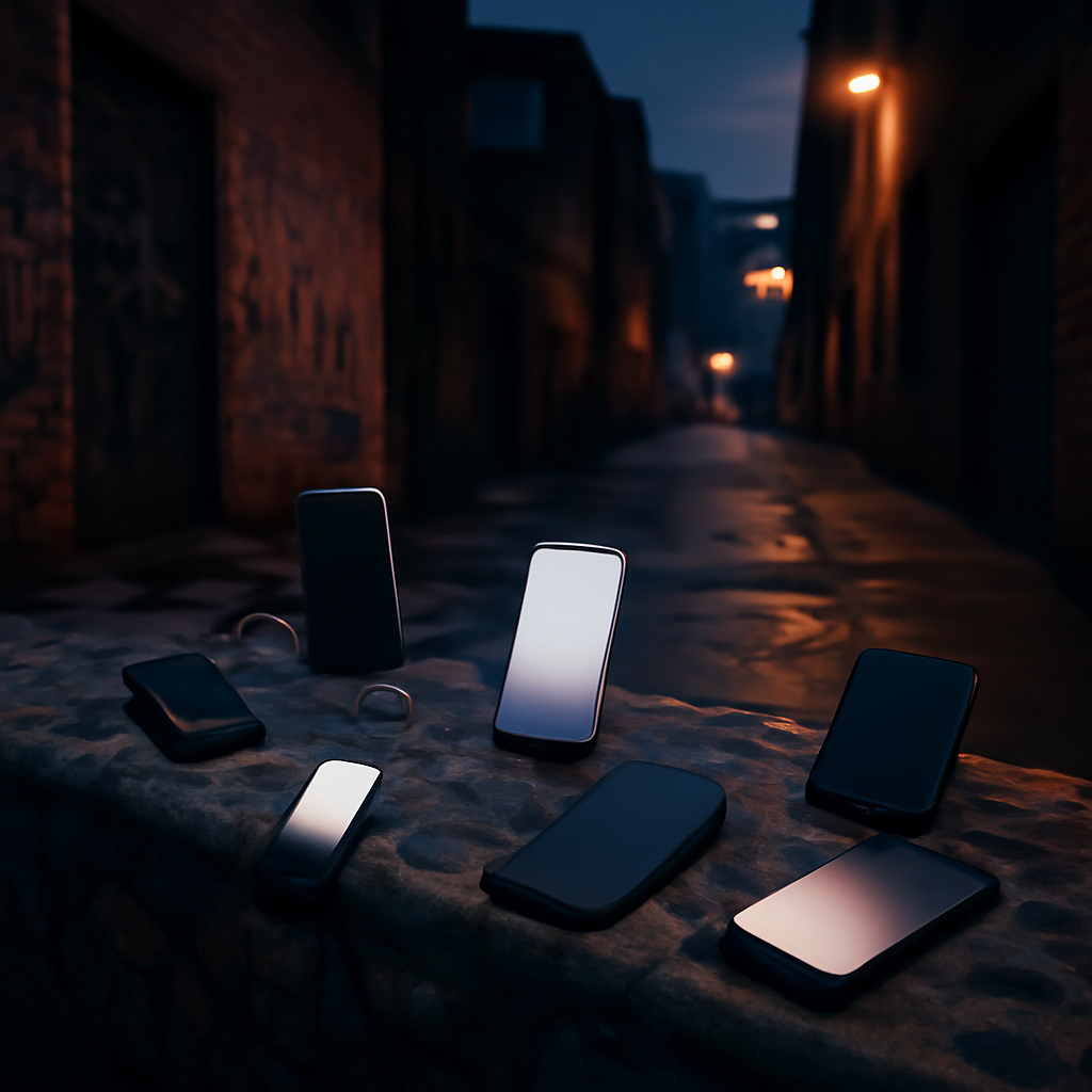 Devices scattered on a graffiti-covered wall, connected by faint lines suggesting Bluetooth or Wi-Fi signals.