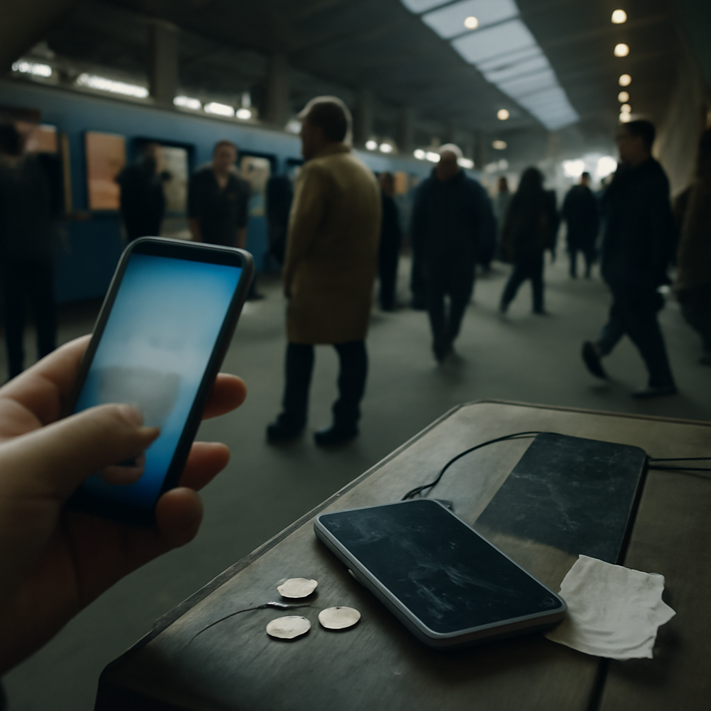 Crowded public transportation platform with people in background and two smartphones in foreground.