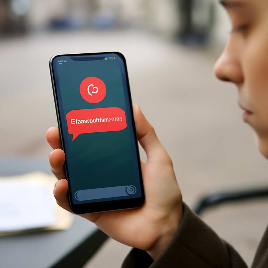 Person holding Android smartphone with ransomware chat on screen in urban setting.
