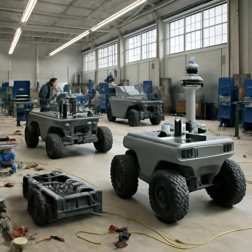 Autonomous ground vehicles in various assembly stages on a production floor with workers and equipment.