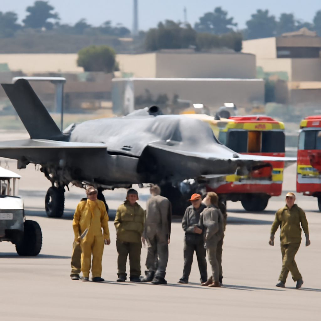 Emergency responders gather near crashed F-35B fighter jet at Marine Corps Air Station Miramar.