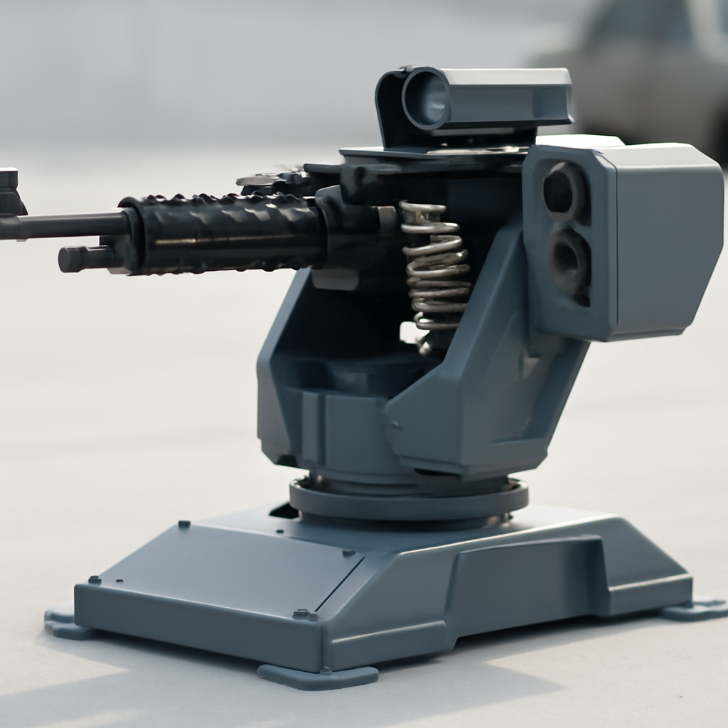 Autonomous robotic gun mount on a neutral surface with blurred background.