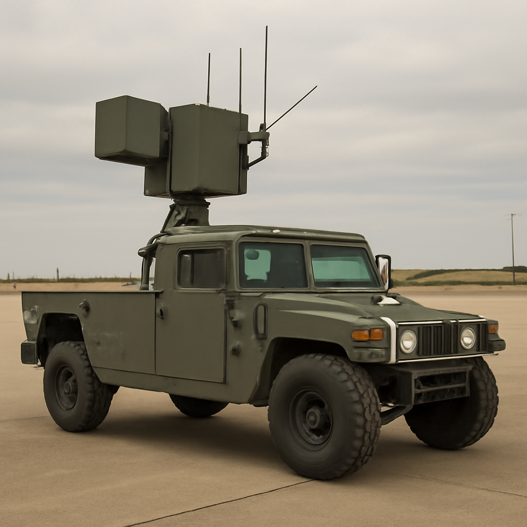 Military vehicle with mounted counter-drone system on paved surface.