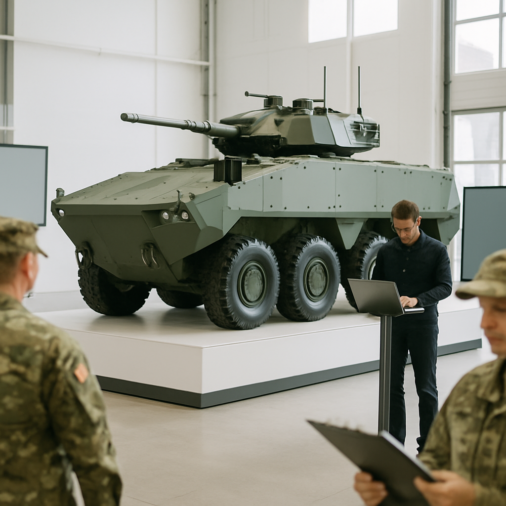 Military personnel surround a prototype of a sleek, futuristic reconnaissance vehicle in a bright, industrial setting.