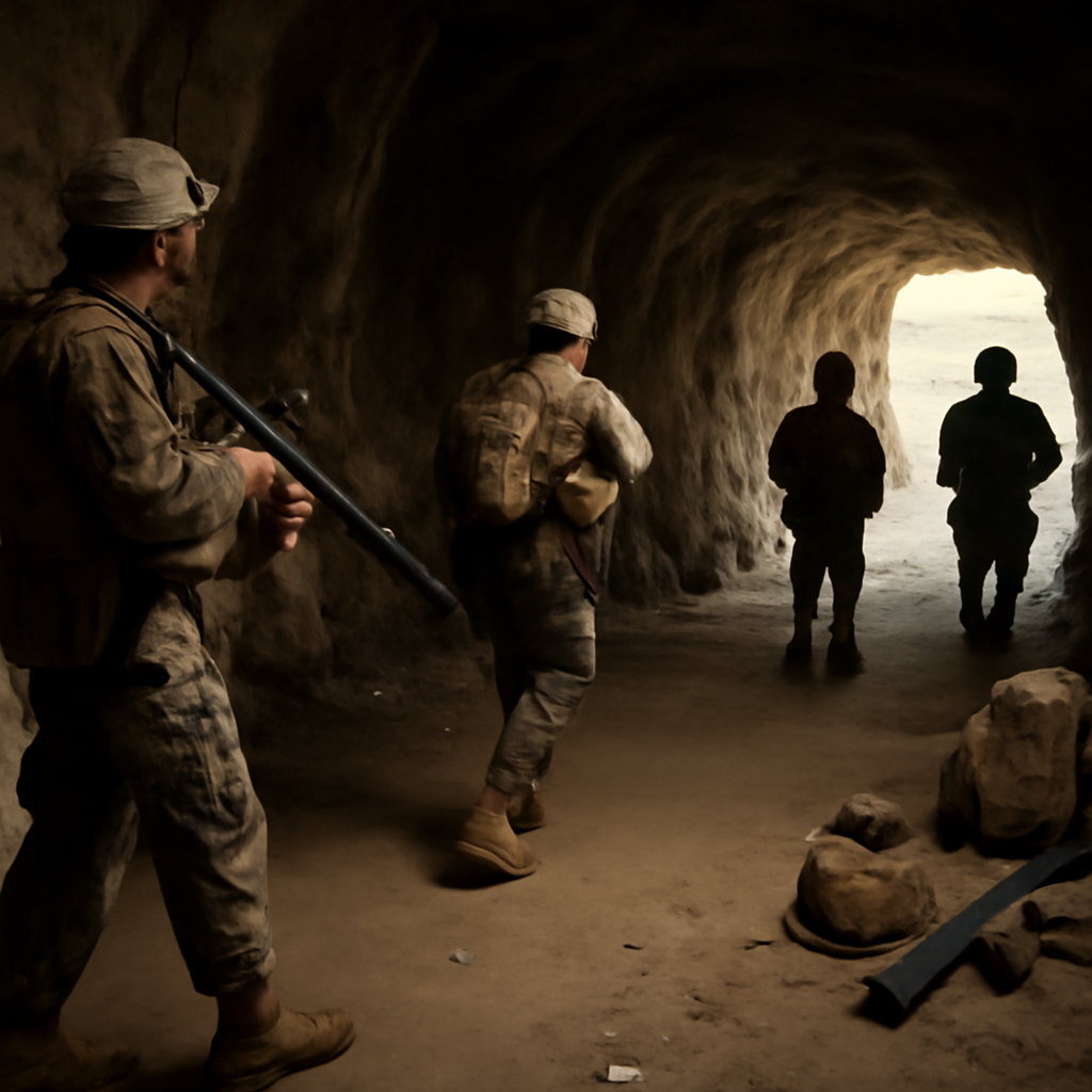 US Marines patrol a dimly lit underground tunnel at a South Korean military base.