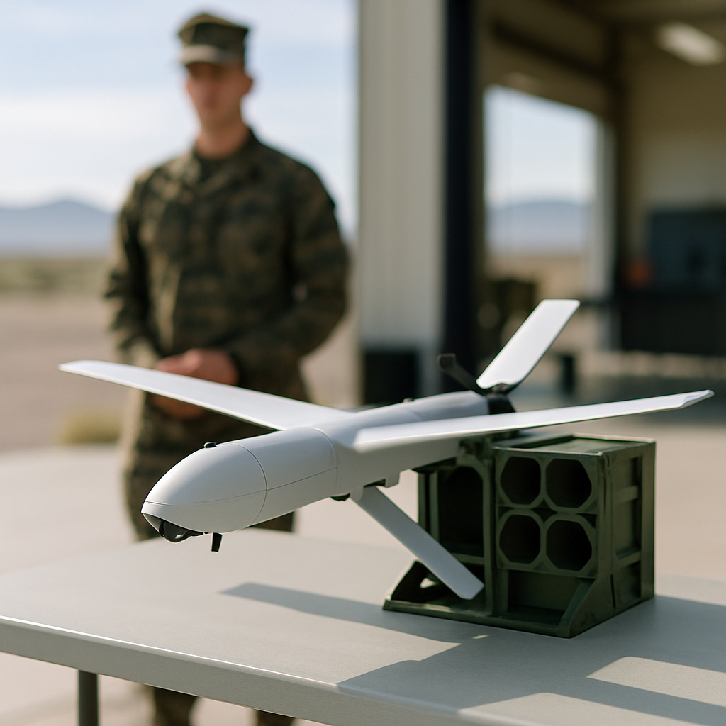 Futuristic loitering munition system displayed on a neutral testing range surface.