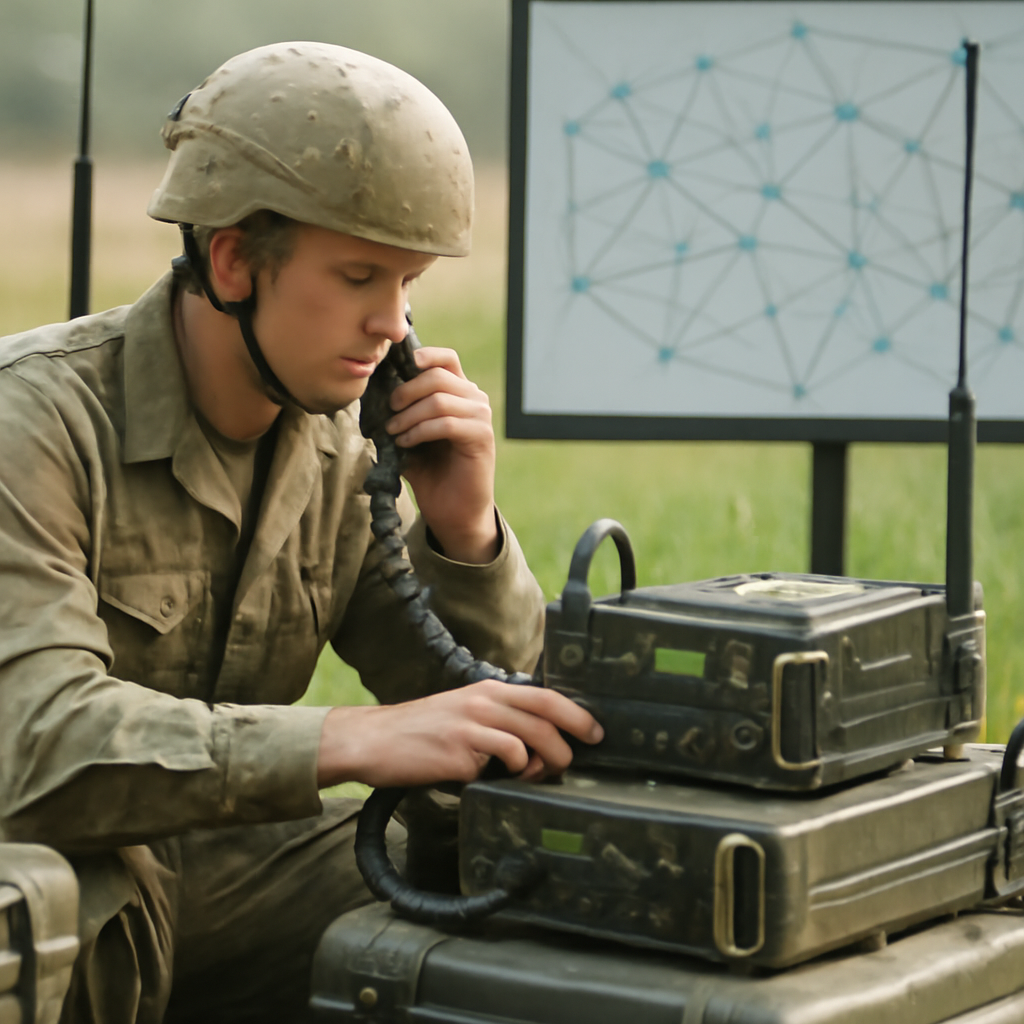 Military radio operator surrounded by devices with mesh network topology in background.