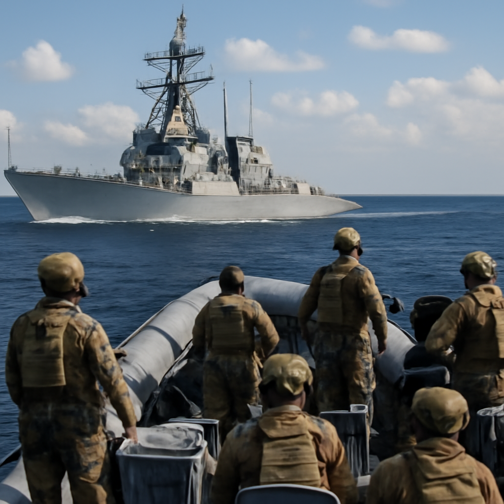 US naval vessel underway in Strait of Hormuz with military personnel on inflatable boat.