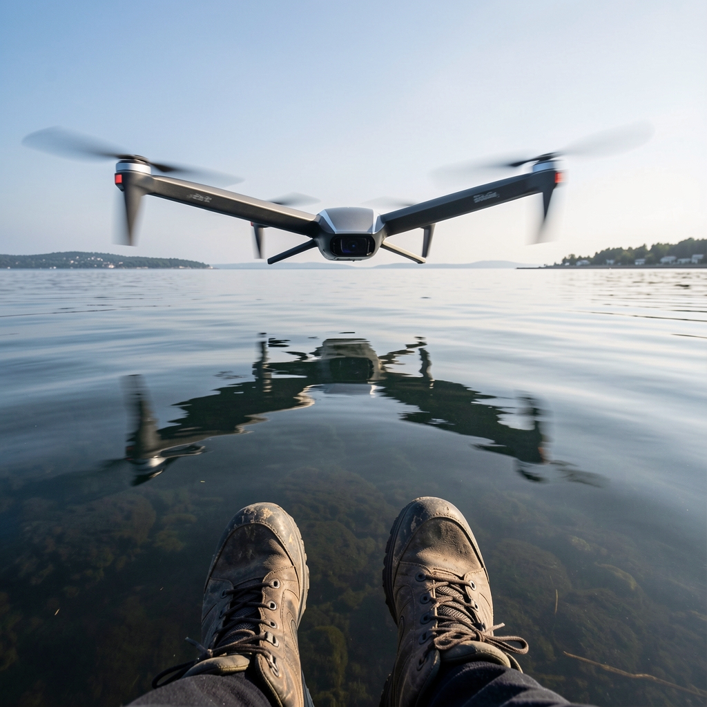 Futuristic drone hovers above water with wing-like structure prominent.
