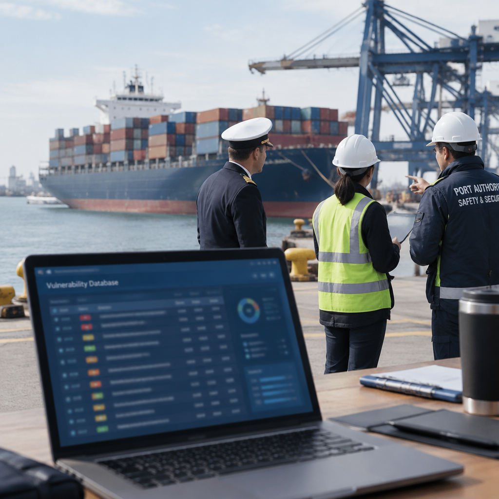 Shipping port with vessel in background and tablet showing vulnerability database.