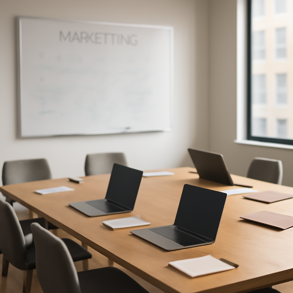 Marketing team meeting room with laptops and notepads on a large wooden table.